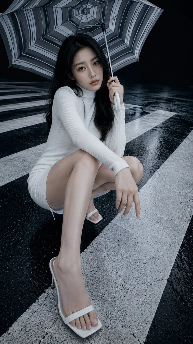 Model reclines diagonally on zebra crossing with umbrella