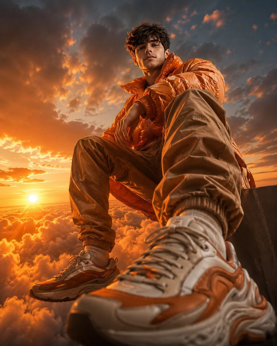 Model sits above glowing clouds in oversized orange puffer jacket