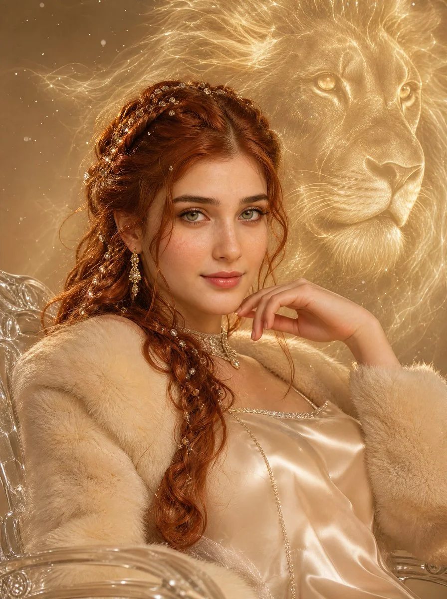 Model sits on acrylic throne with glowing lion spirit behind