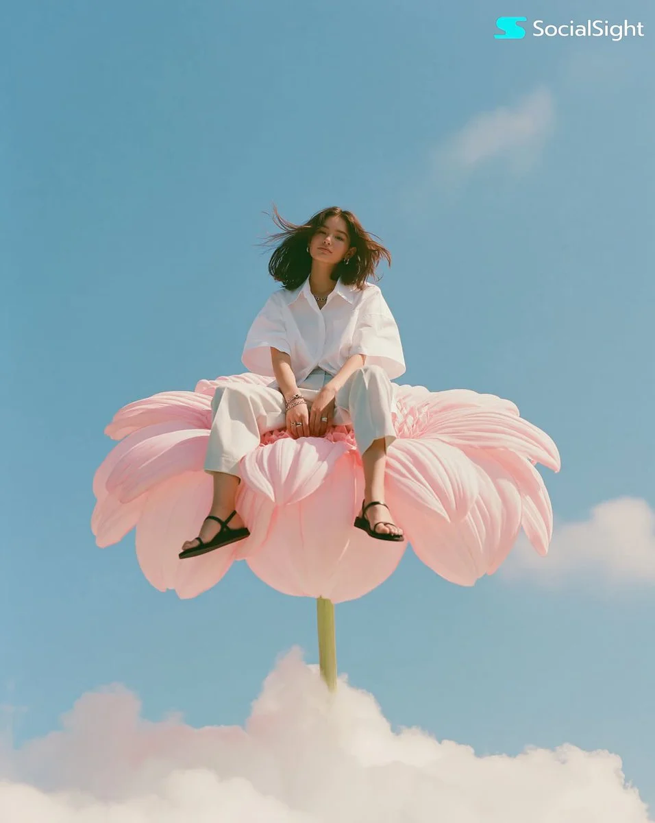 Model sits serenely on a giant pink flower above clouds