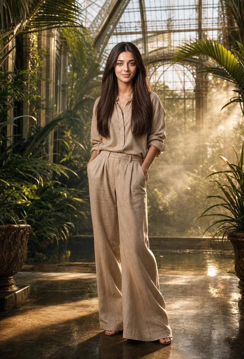 Model stands in a sunlit greenhouse wearing beige linen
