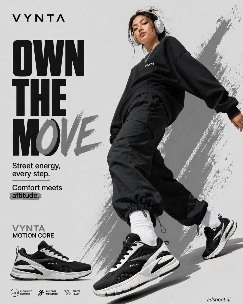 Model strides confidently in oversized black streetwear with chunky sneakers