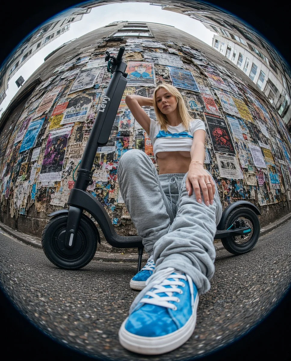 Model strikes pose in poster-covered Tokyo alley with fisheye distortion