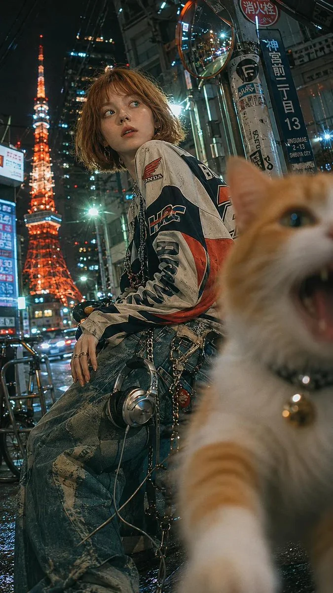 Model turns head in shock as cat photobombs Tokyo alley