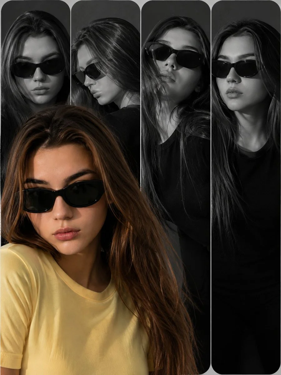 Model wears dark glasses in black and white film strip collage