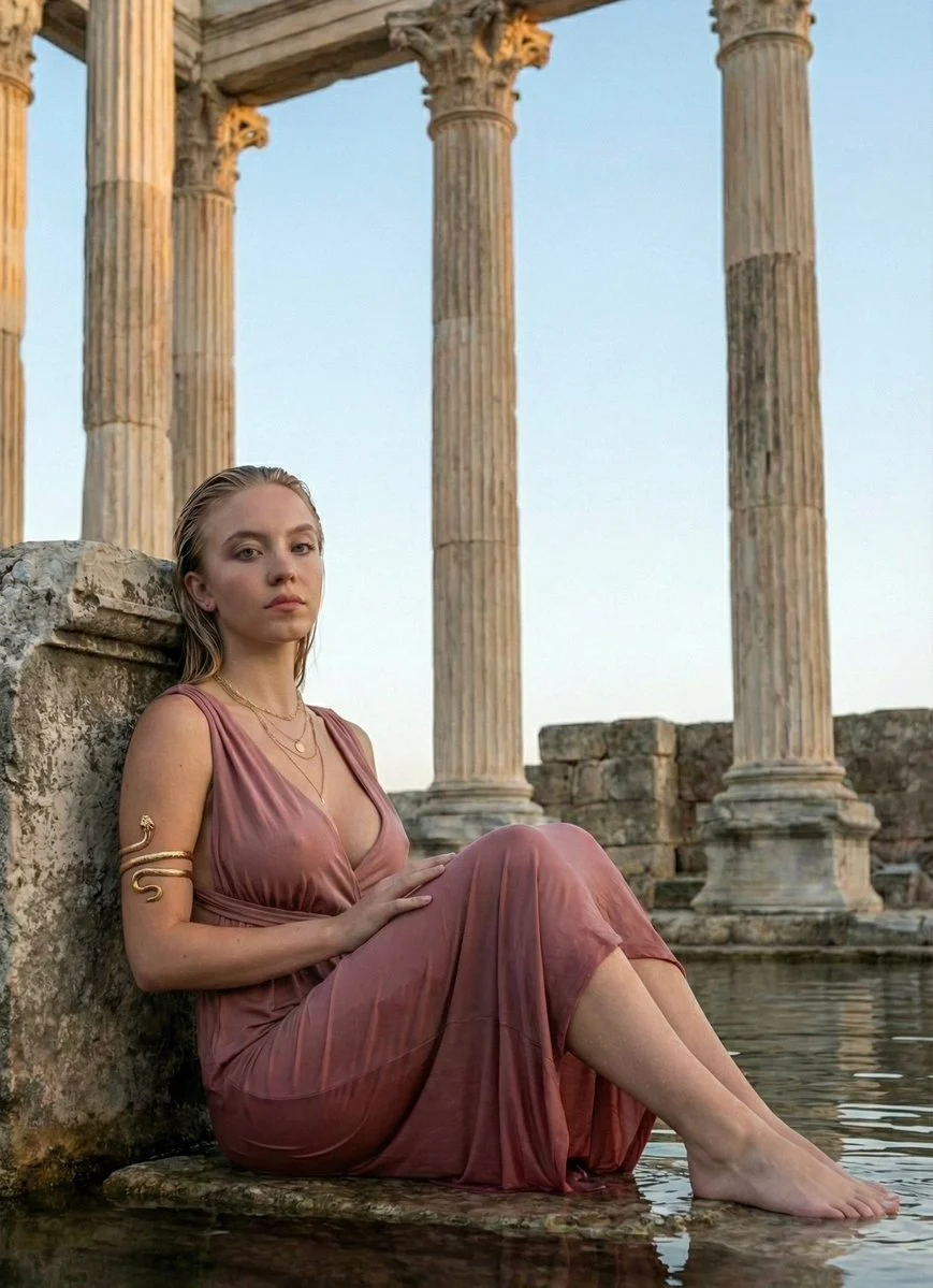 Modern Aphrodite: A Serene Vision in Ancient Ruins