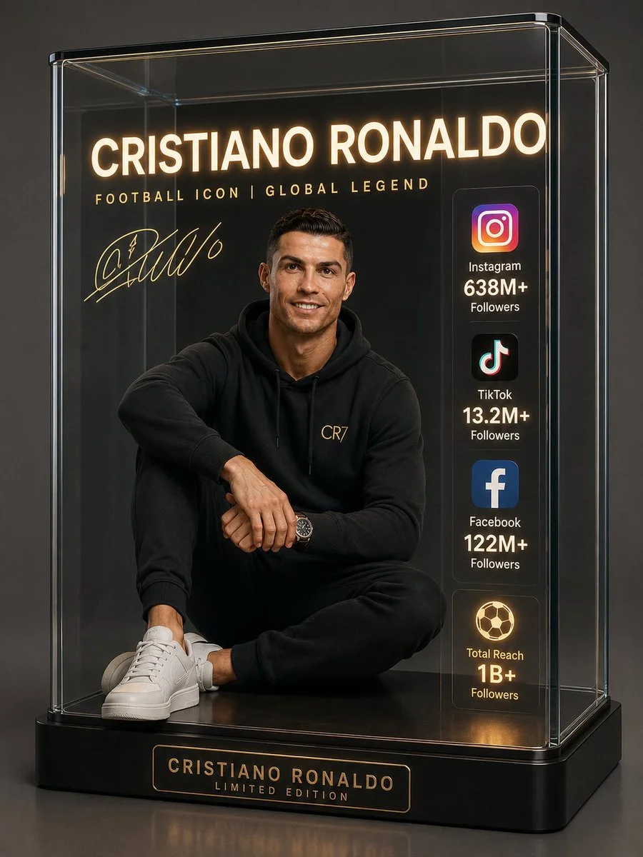 Modern creator portrait encased in glass with follower stats visible