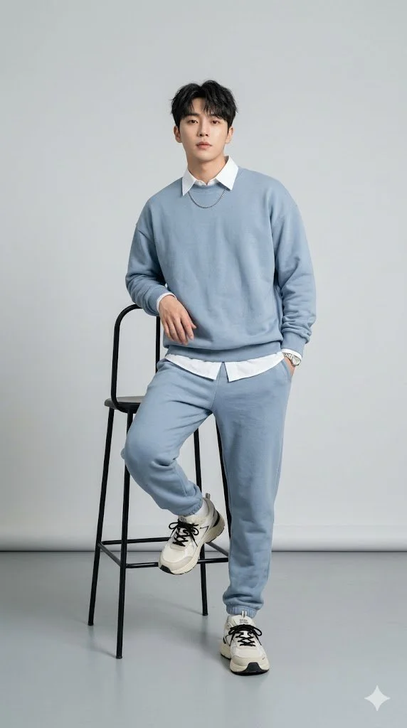 Modern East Asian Fashion with Soft Blue Tones in Studio Light