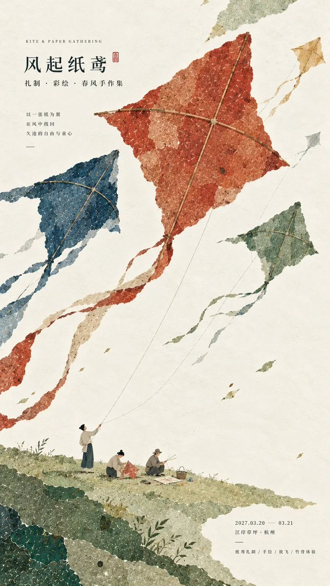 Modern Eastern Cultural Poster Design Using Large Color Fields and Micro Scenes
