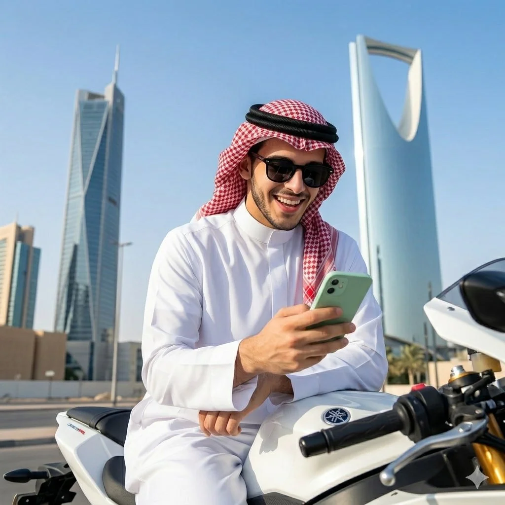 Modern Elegance: Saudi Man in Thobe on Luxury Motorcycle