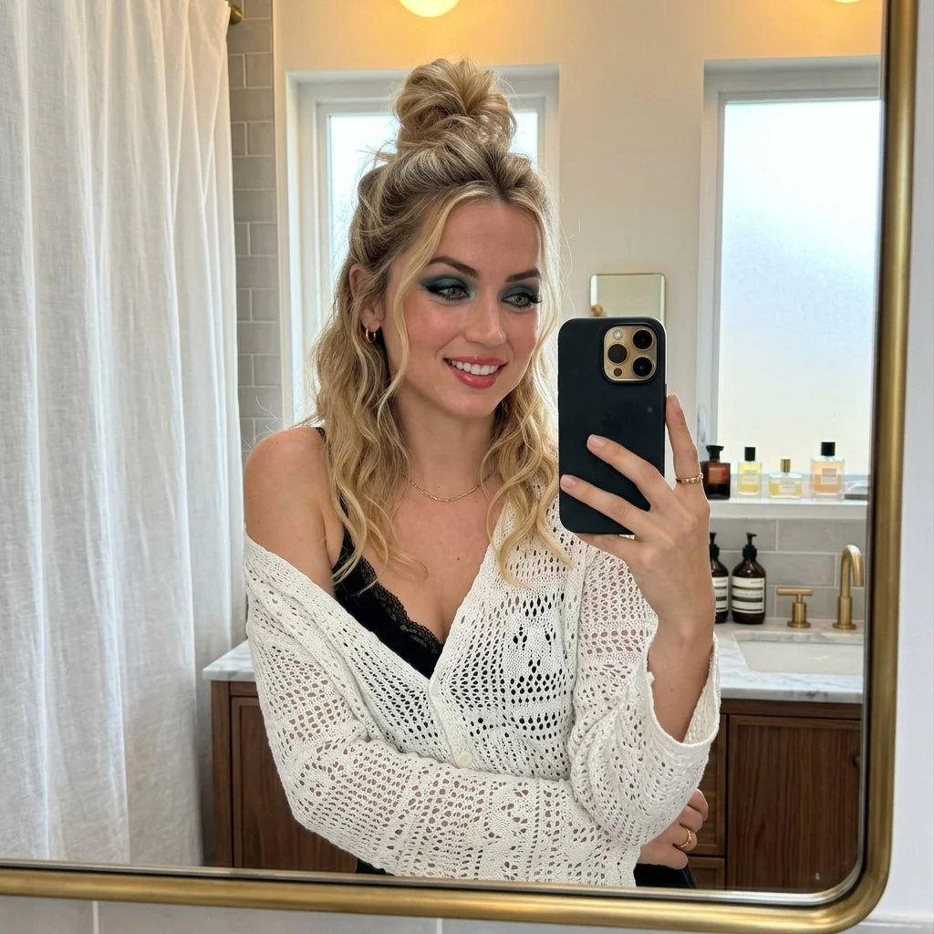 Modern Glam Mirror Selfie with Soft Waves and Smoky Eyes