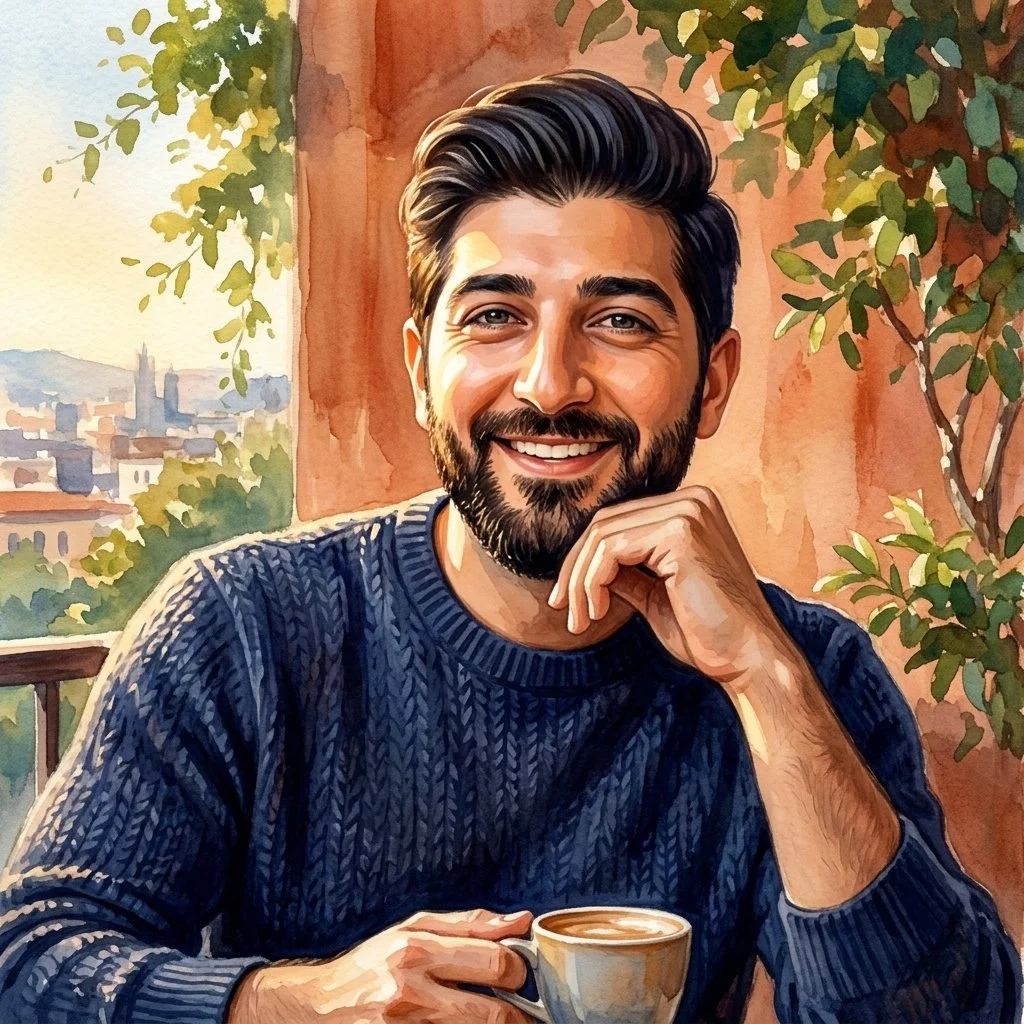 Modern graphic art shows a smiling man in neon city lights