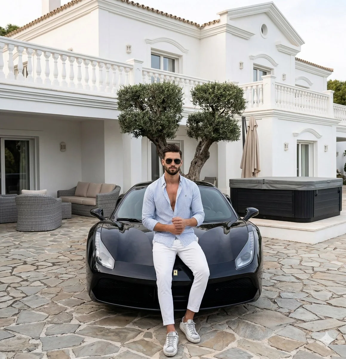 Modern Luxury Lifestyle: Man and Black Sports Car in Sunlit Villa Setting