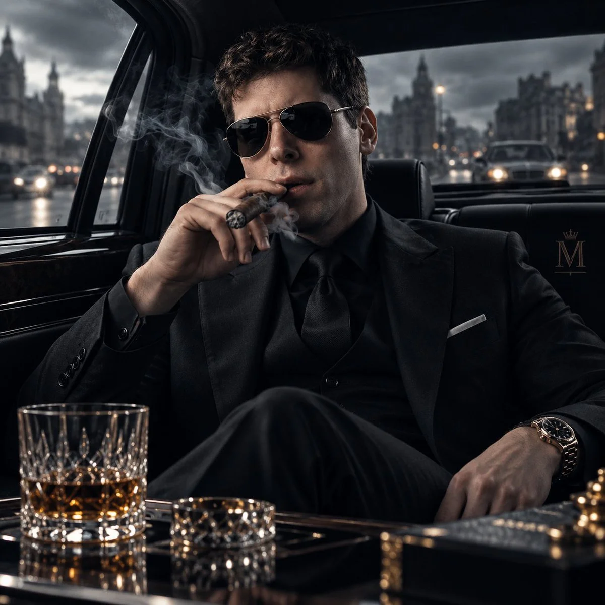 Modern Mafia Boss Sits in Luxury Black Car Smoking Cigar