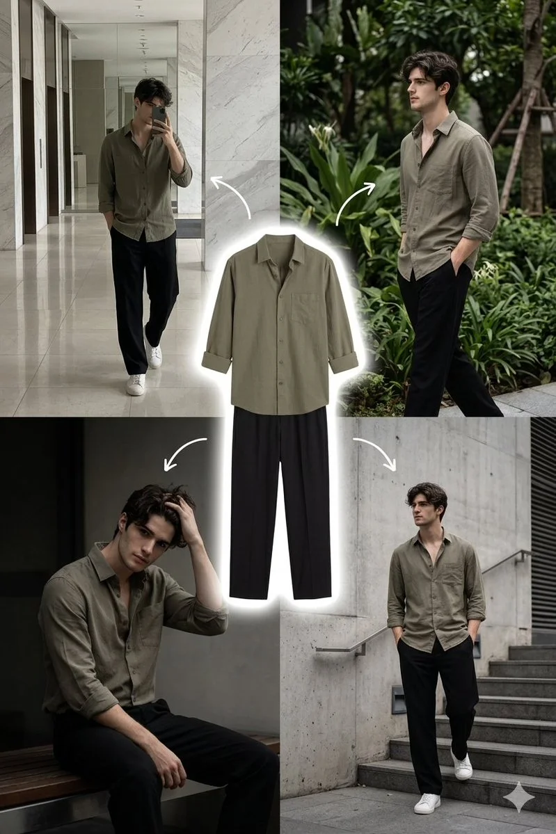 Modern Minimalist Fashion Collage Featuring Olive Green and Black