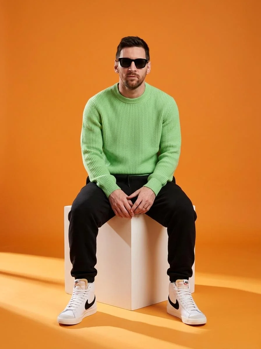 Modern Minimalist Fashion: Green Knit Elegance in Vibrant Orange Studio