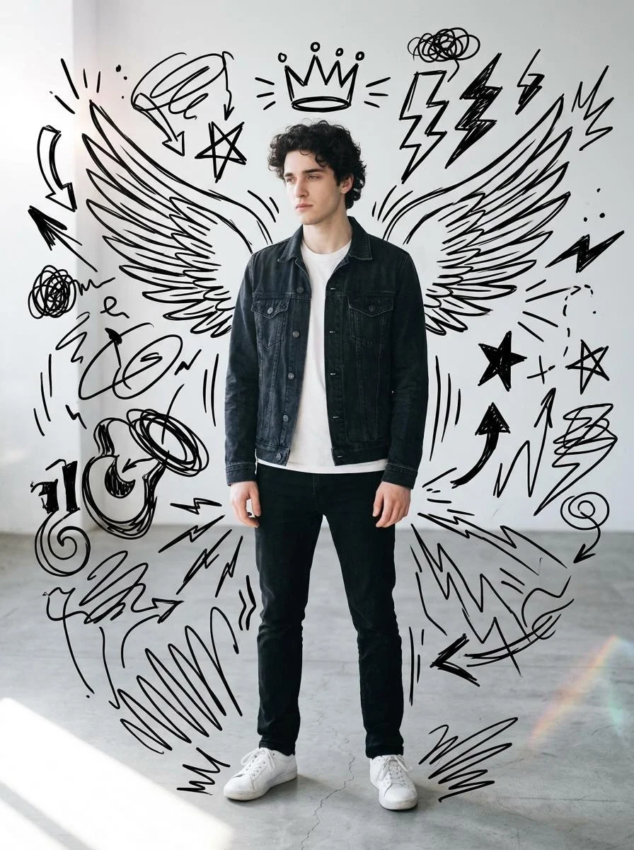 Modern Portrait Blended with Playful Marker Doodles