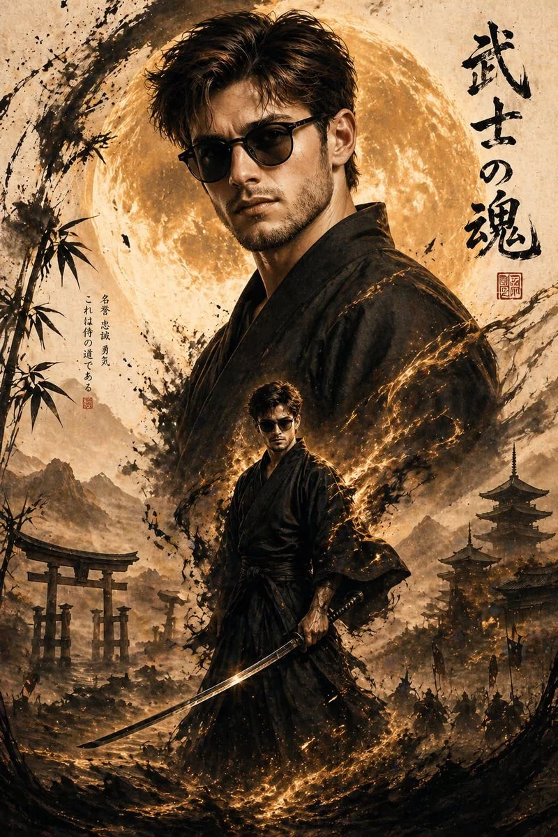 Modern Samurai in Epic Sumi-e Fusion