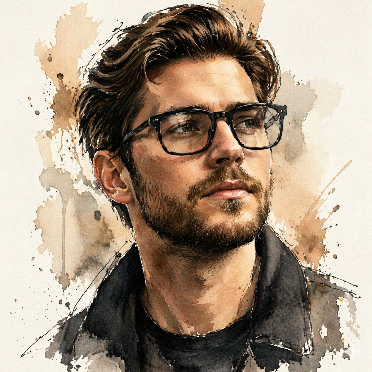 Modern Watercolor Art: Expressive Portrait with Ink and Soft Washes