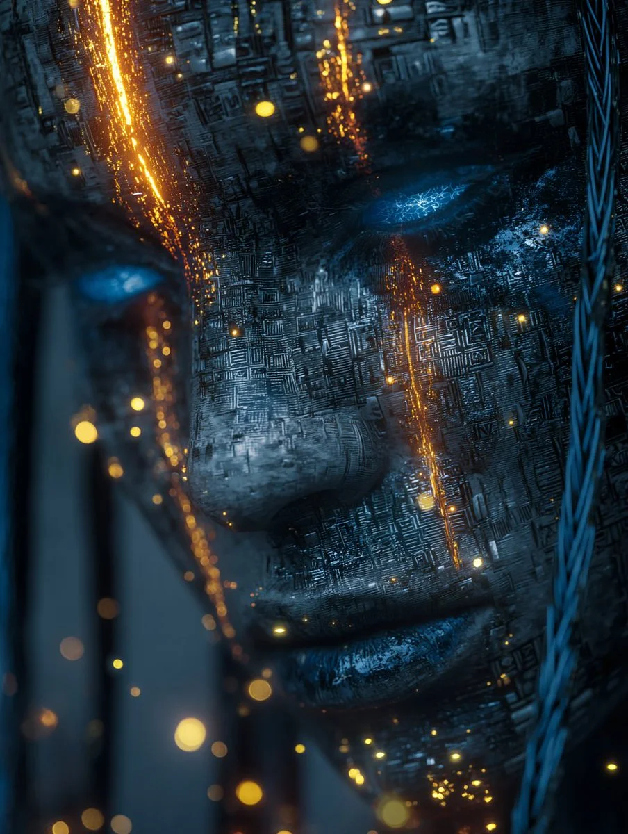 Molten Gold Tears Trace Across Stone Cyborg Visage