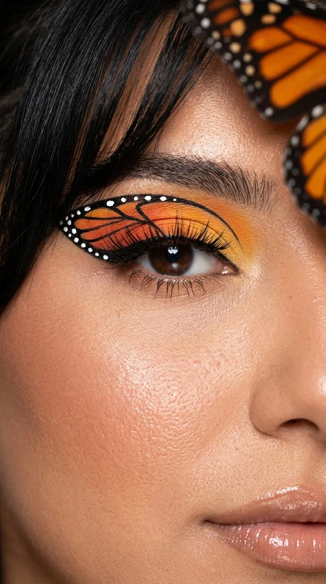 Monarch-inspired eye makeup glows with orange and black wing veins