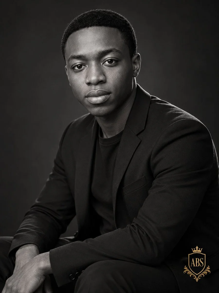 Monochromatic Elegance: Seated Man in Black Blazer with Gold Monogram