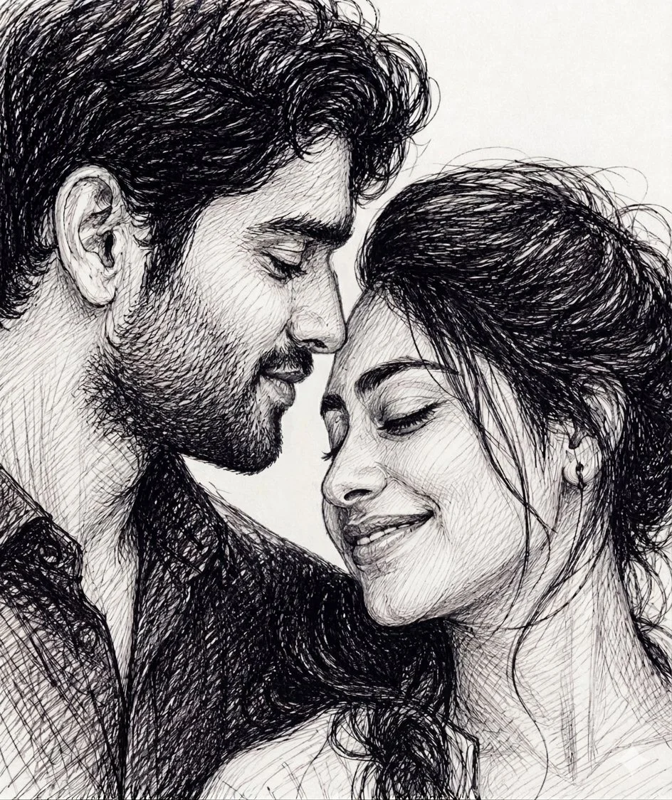 Monochrome Ballpoint Study of Intimate Couple Portrait