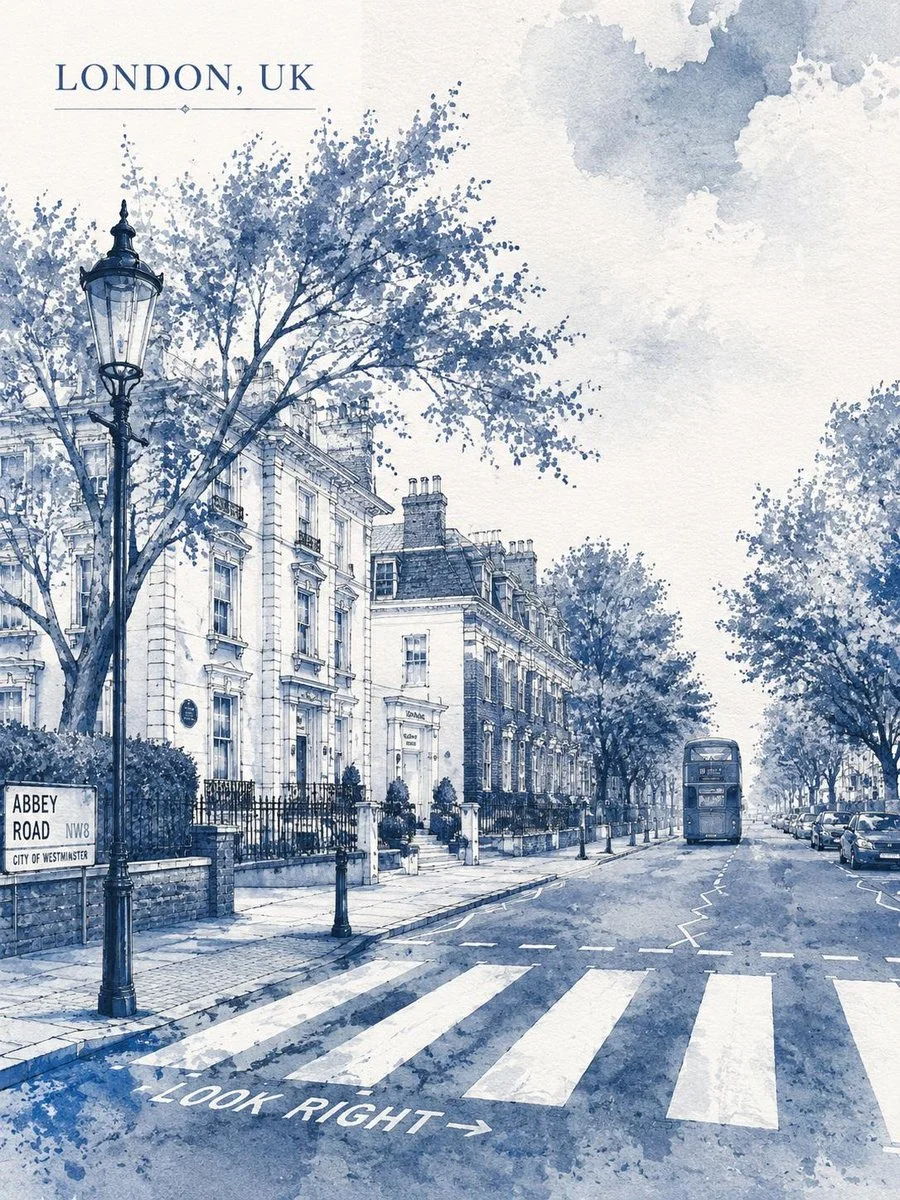 Monochrome blue watercolor captures London's Abbey Road crossing scene