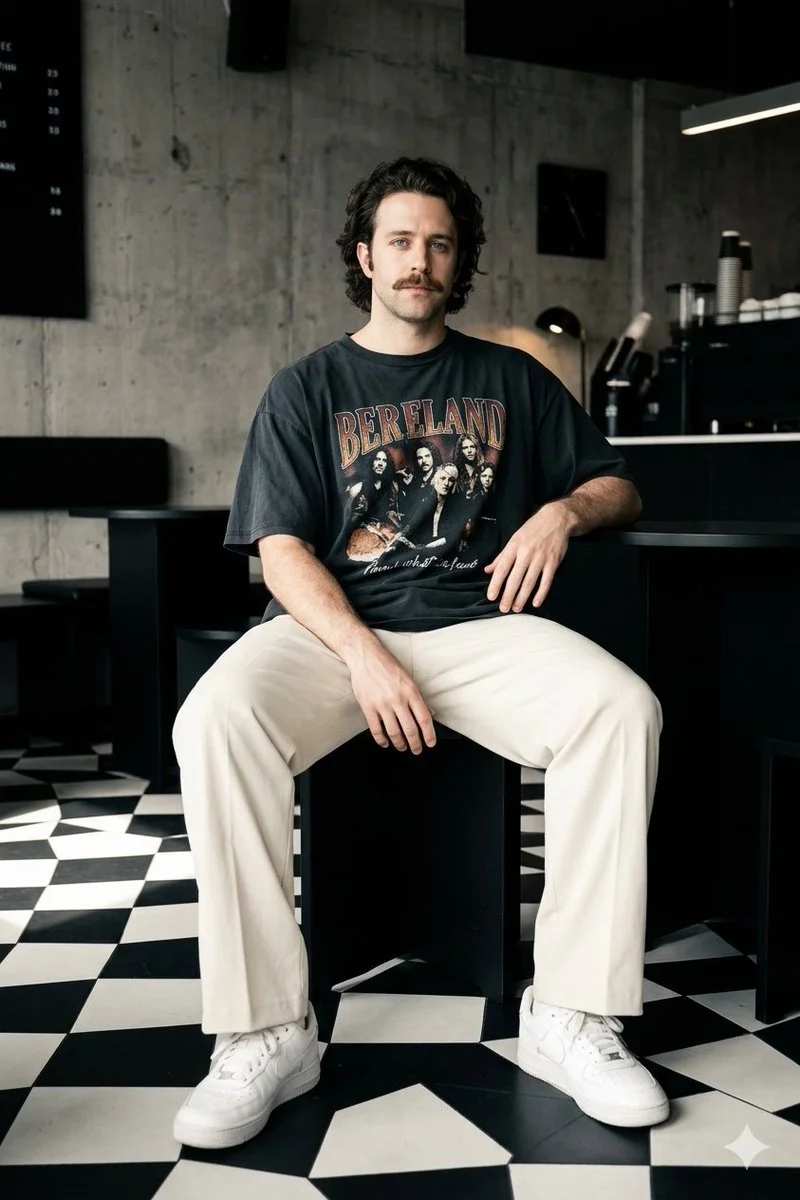 Monochrome Café Vibes: Relaxed Portrait in Vintage Style