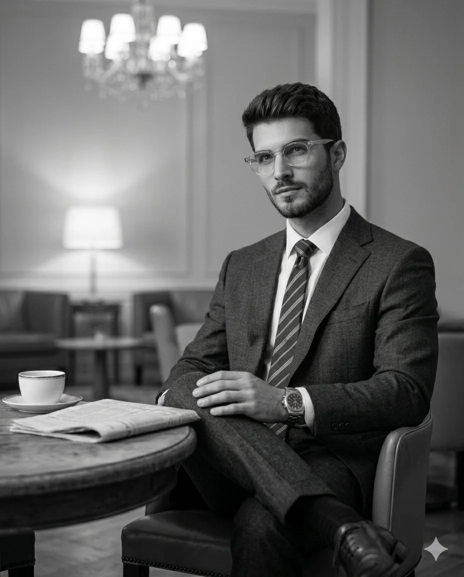 Monochrome Elegance: A Man in Thoughtful Poise at a Luxury Lounge