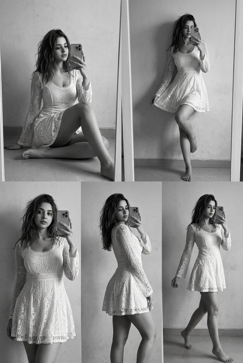 Monochrome Elegance: Casual Mirror Selfie with Lace Dress