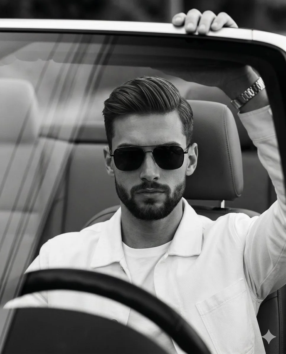 Monochrome Elegance: Cinematic Portrait of a Confident Young Man in Car