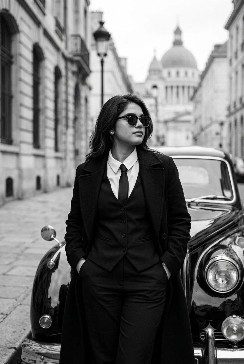 Monochrome Elegance: Figure in Black Coat Leaning on Vintage Car