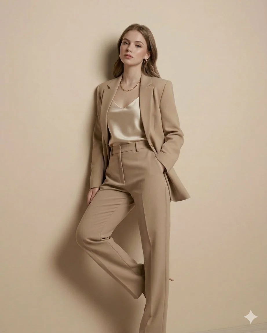 Monochrome Elegance: Tailored Beige Suit in Soft Studio Light