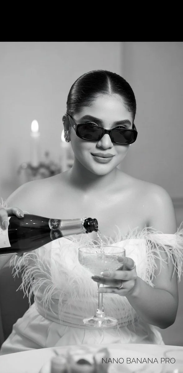 Monochrome Elegance: Woman Pouring Champagne in Feathered Dress