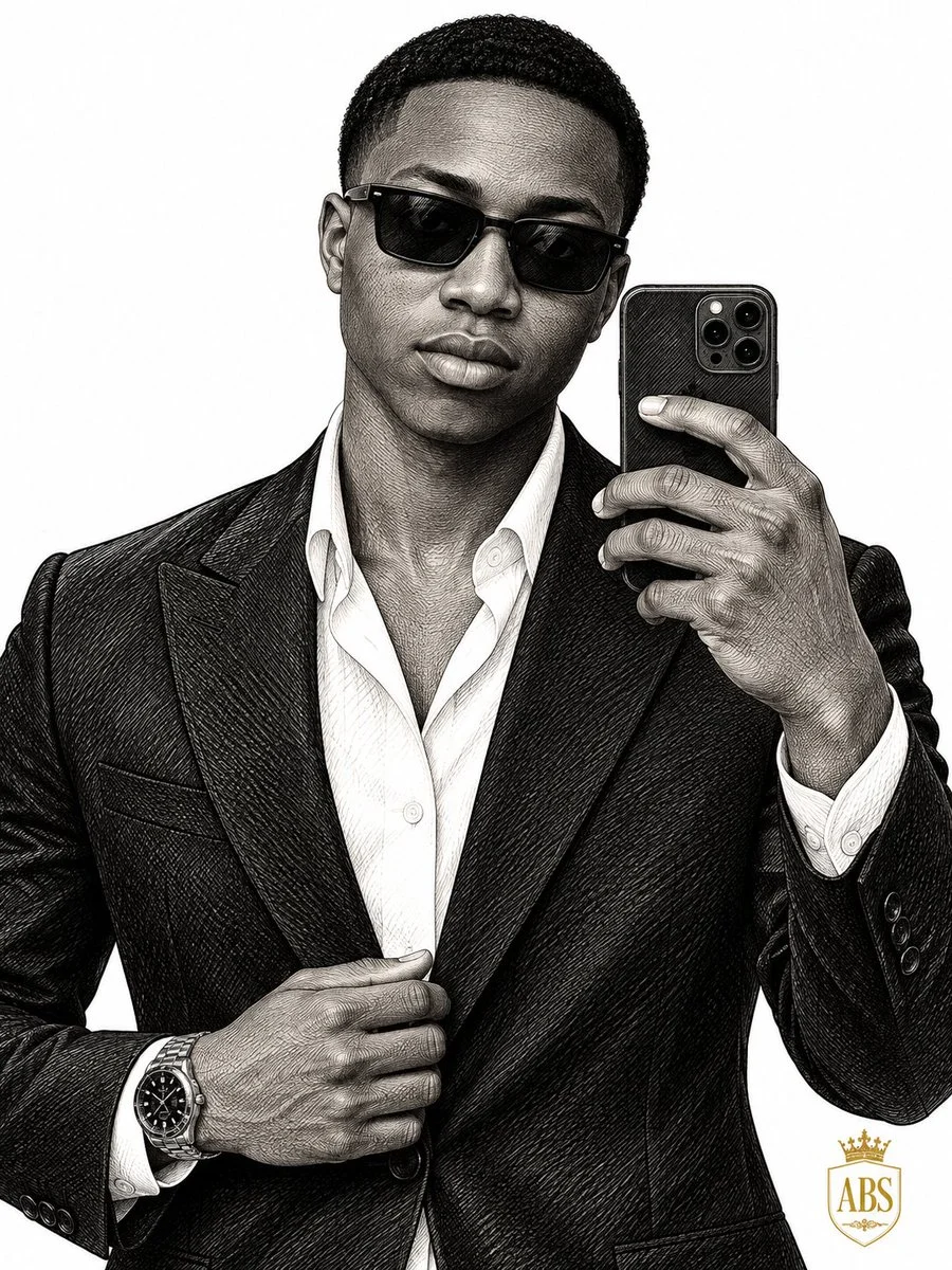 Monochrome Engraving of Man Taking Mirror Selfie in Blazer