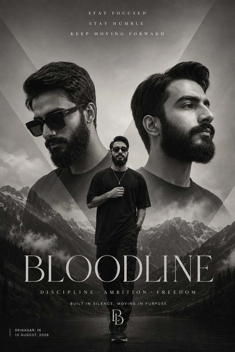 Monochrome fashion poster blends three portraits with misty mountains