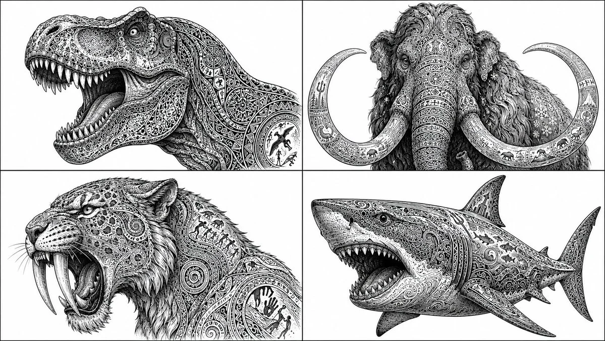 Monochrome grid memorializes four extinct rulers in ornate detail