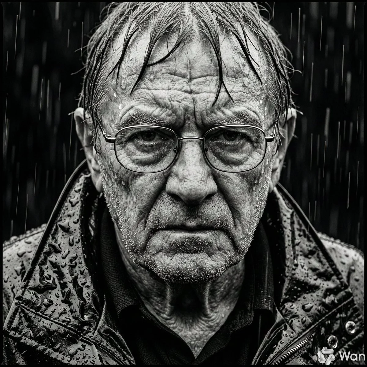Monochrome Intensity: Weathered Elderly Man in Torrential Rain