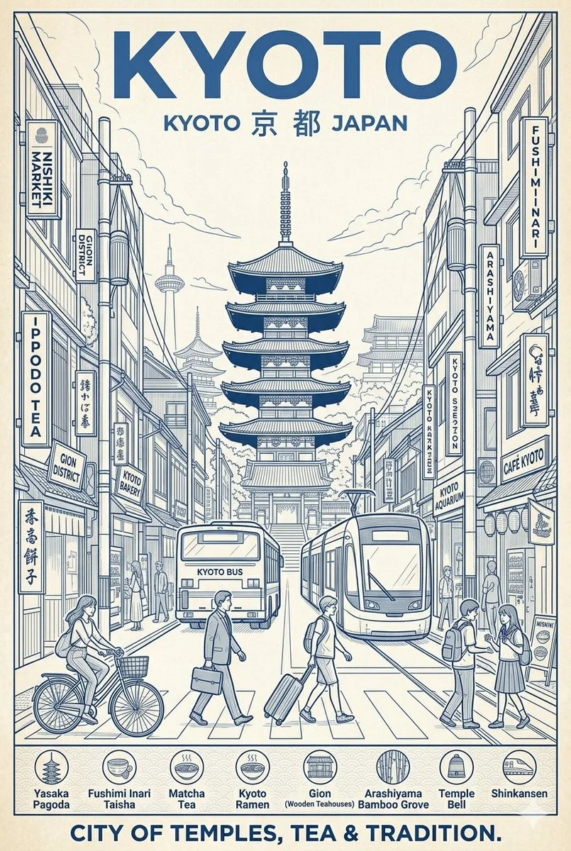 Monochrome Kyoto travel poster shows Yasaka Pagoda above busy street