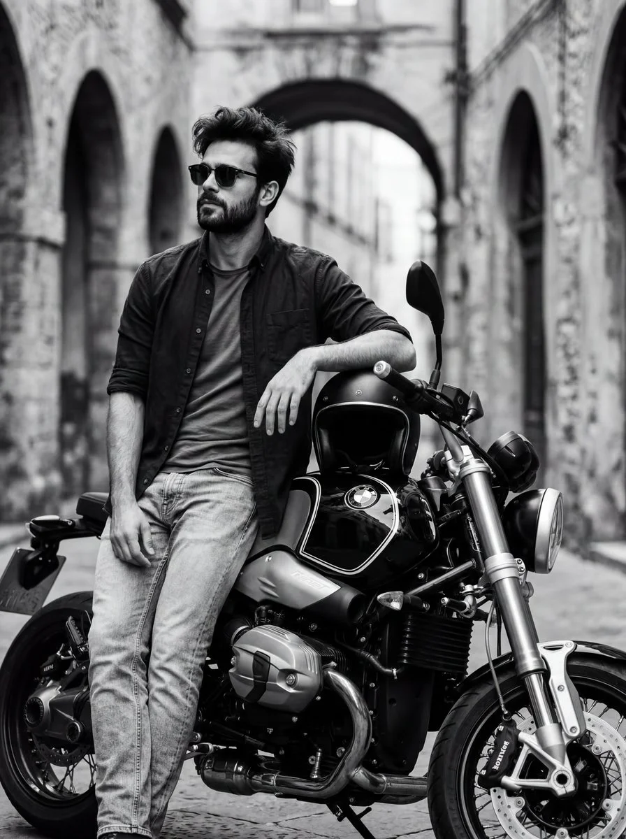 Monochrome Maverick on a Vintage Ride