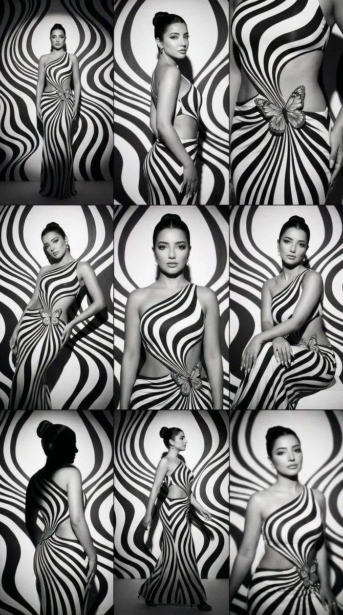 Monochrome Mirage: A Couture Optical Illusion Fashion Grid
