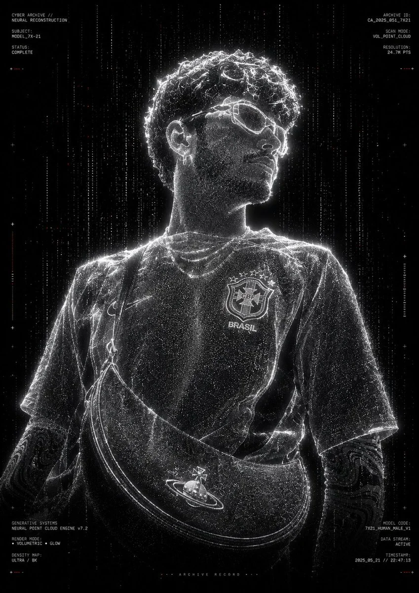 Monochrome point-cloud hologram of a standing figure in a void