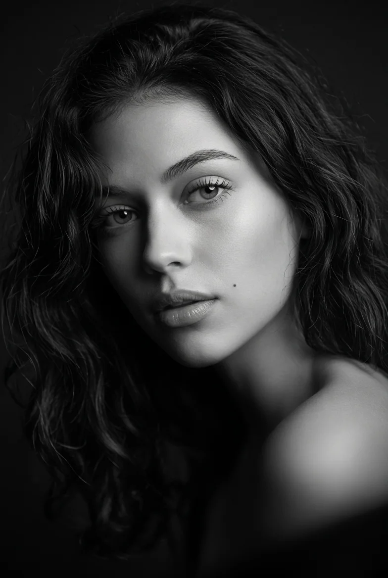 Monochrome portrait captures quiet intensity in woman's direct gaze