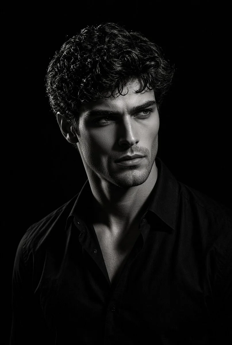 Monochrome portrait captures timeless masculine intensity with rim light