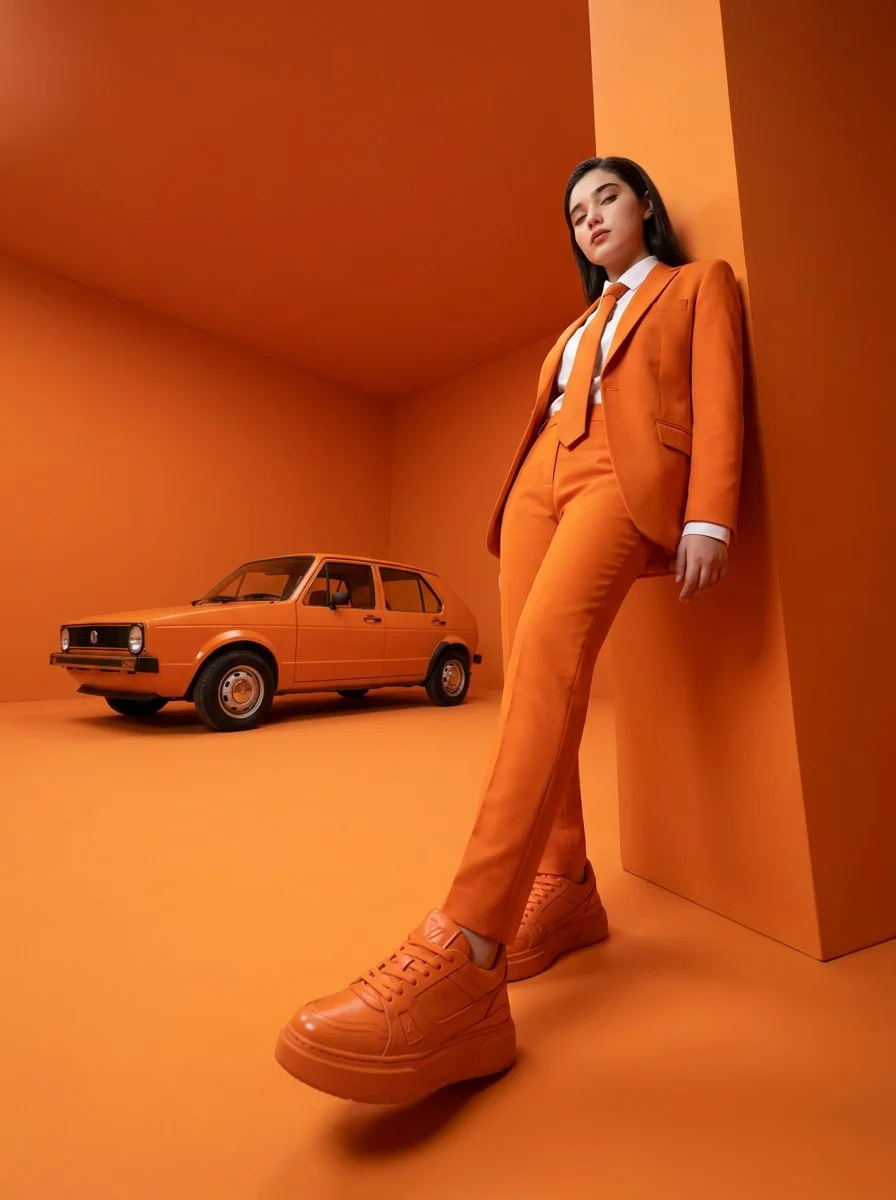 Monochrome Power: Bold Orange Fashion Meets Geometric Minimalism