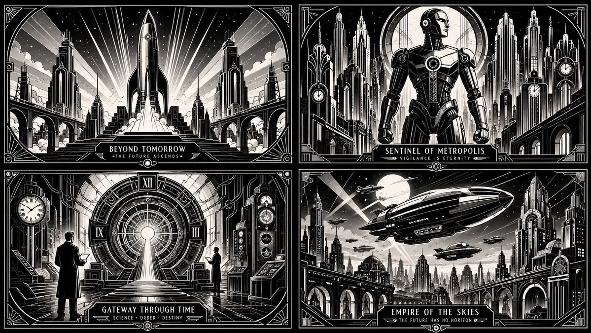 Monochrome vector posters reimagine classic sci-fi as deco noir