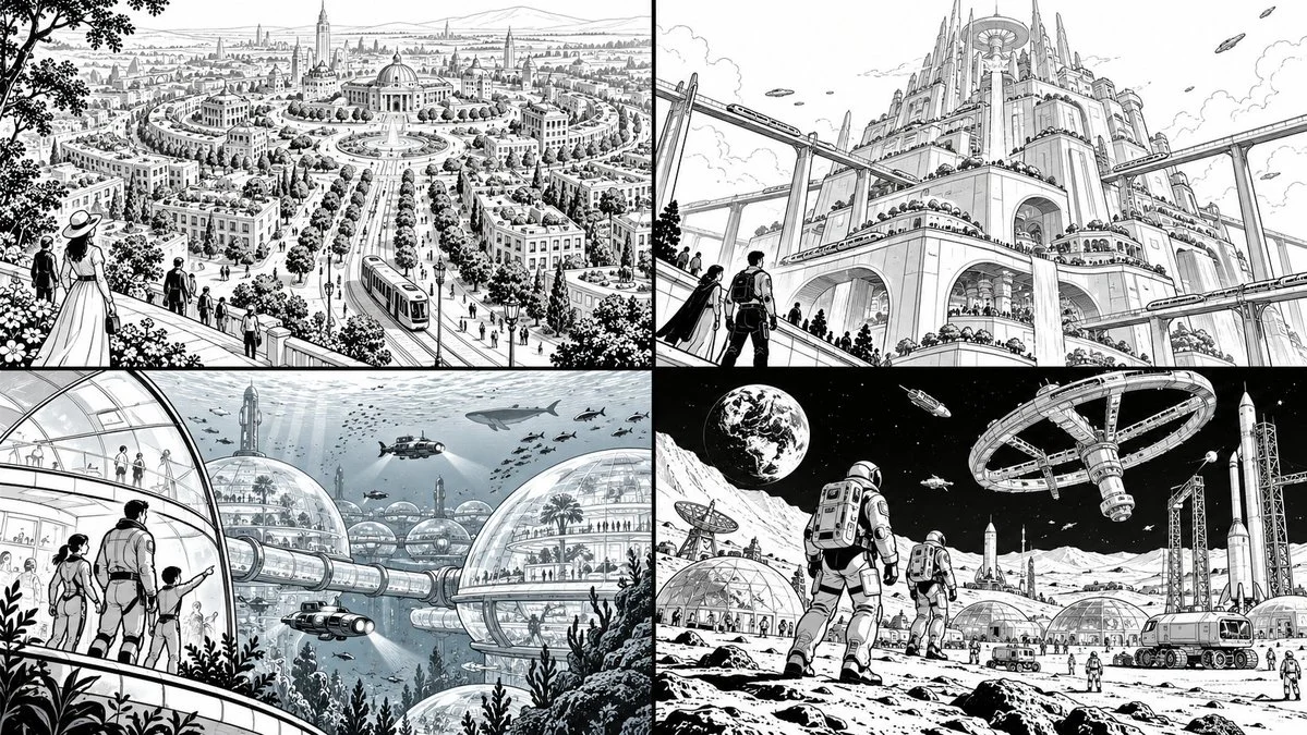 Monumental ink figures rise against white paper in dramatic manga perspective