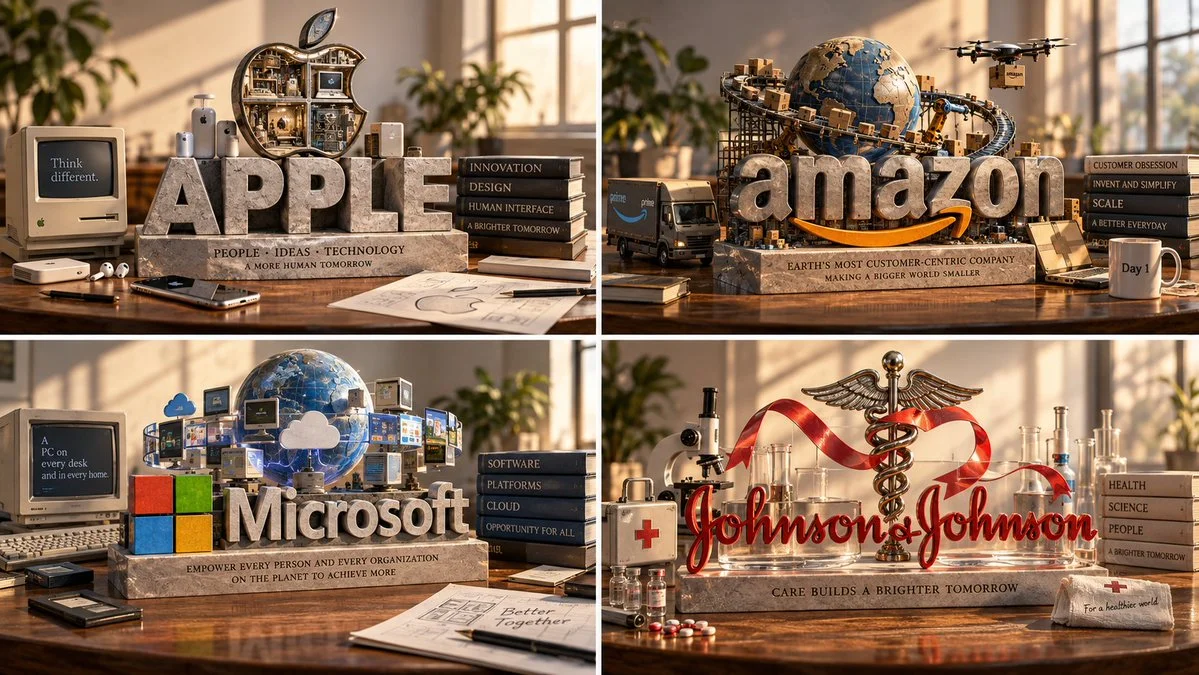 Monumental legacy wordmark sculpture with symbolic apparatus on wooden tabletop