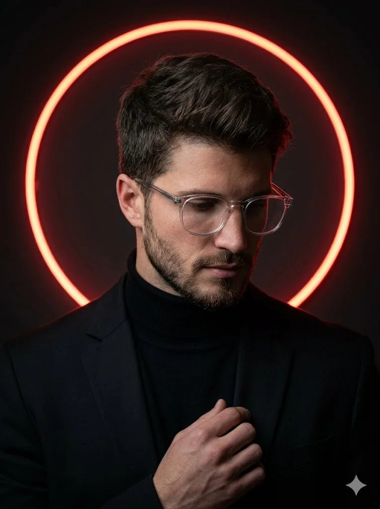 Moody Cinematic Portrait of a Thoughtful Man with Neon Halo